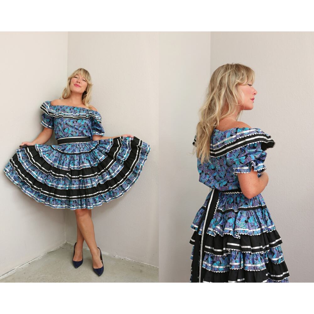1980's Vintage Butterfly Square Dance Skirt, Belt & Blouse Set ~ Women's XS SM